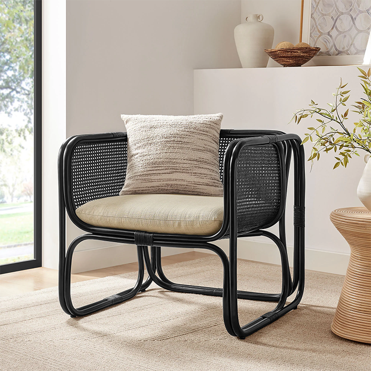 Ellie Natural Rattan Accent Armchair, Black