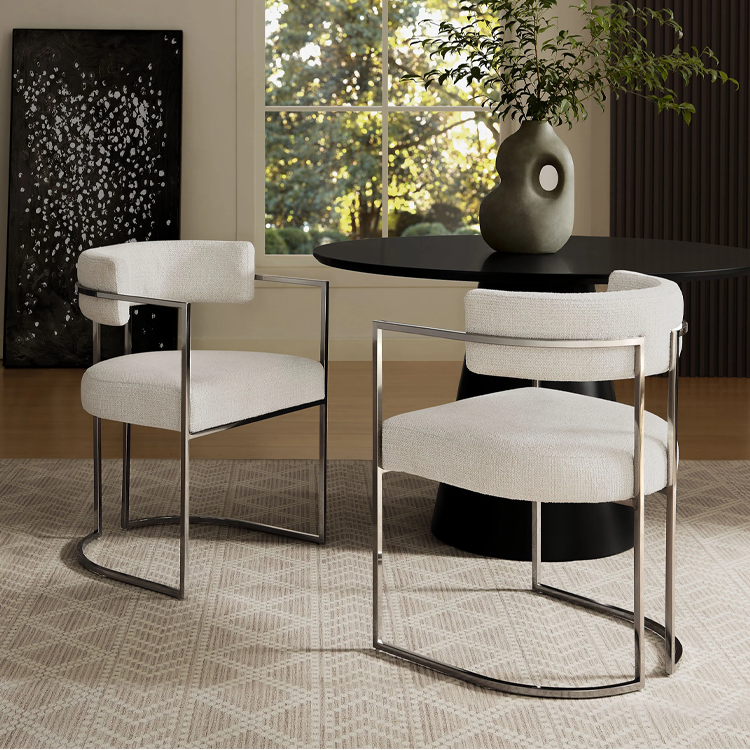 Ardenza Curved Back Fabric and Metal Dining Chair,Silver Cream